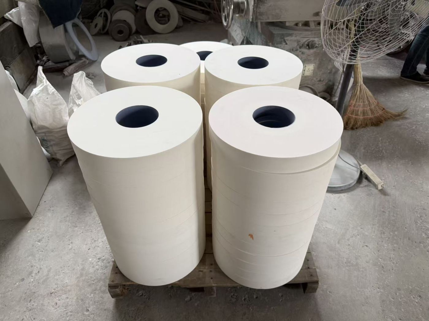 Large white wheels ready for shipment